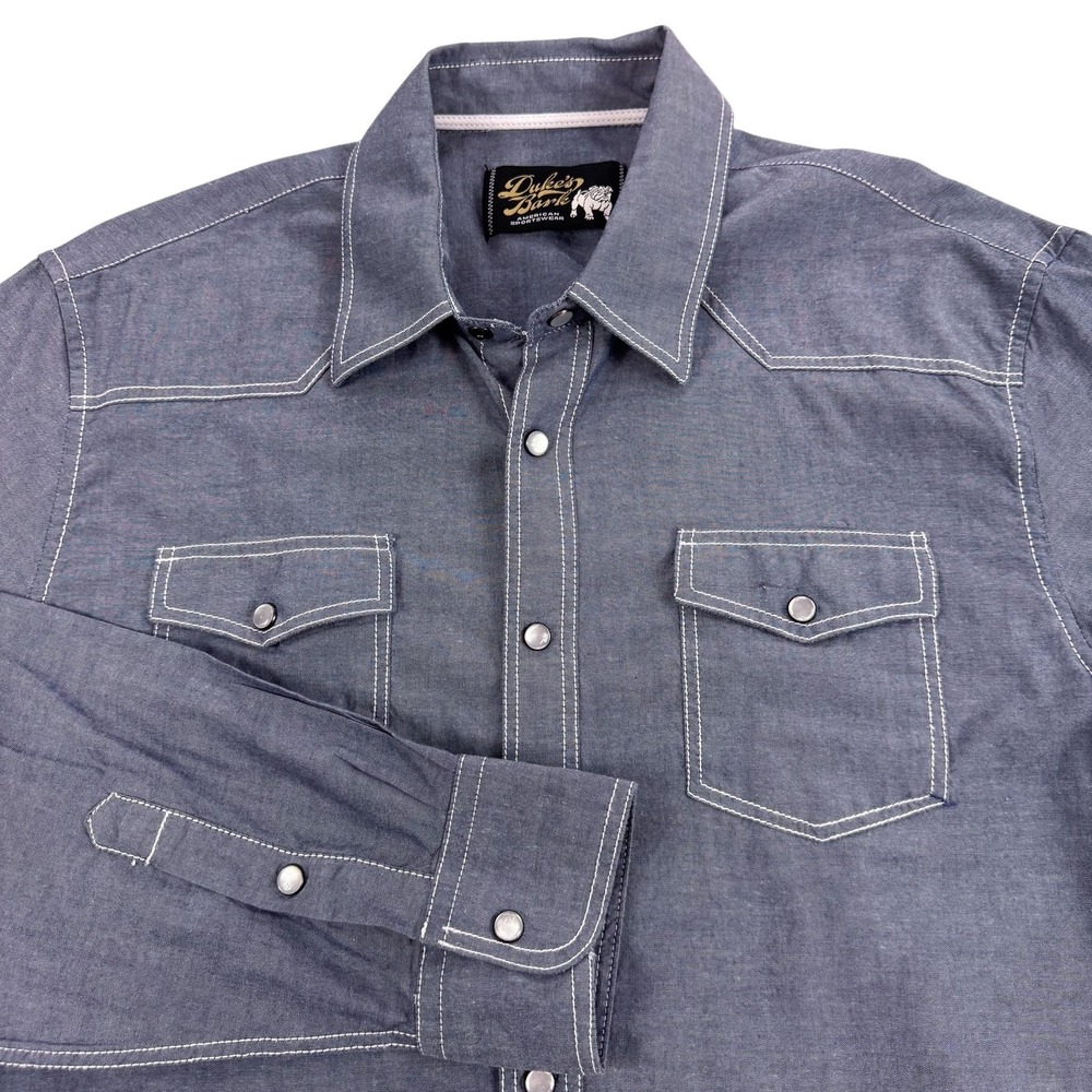 Duke's Bark Shirt Mens‎ Large Blue Chambray Long Sleeve Western Snap Pockets